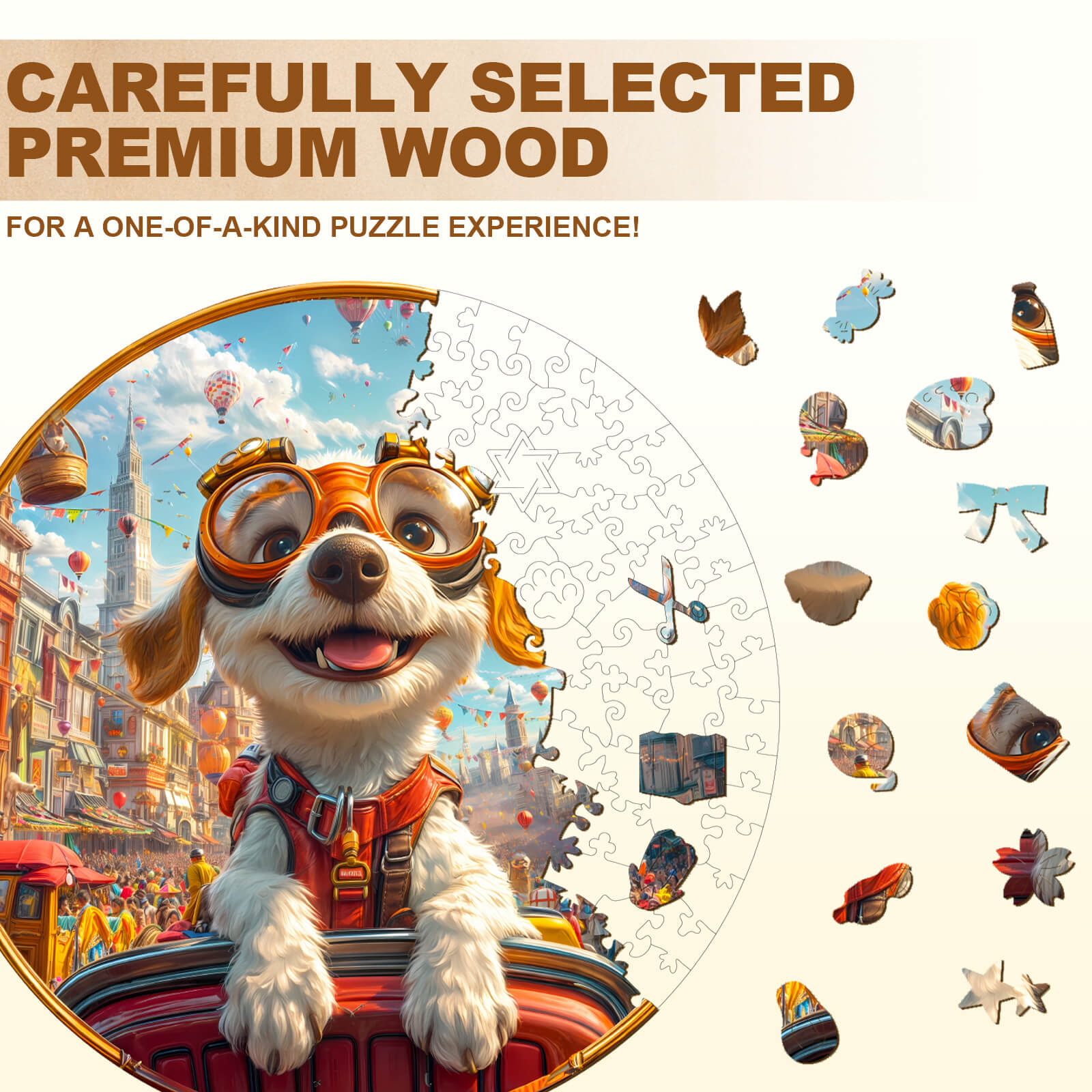 Parade Navigator wooden jigsaw puzzle featuring a playful dog and unique puzzle pieces for a premium experience.