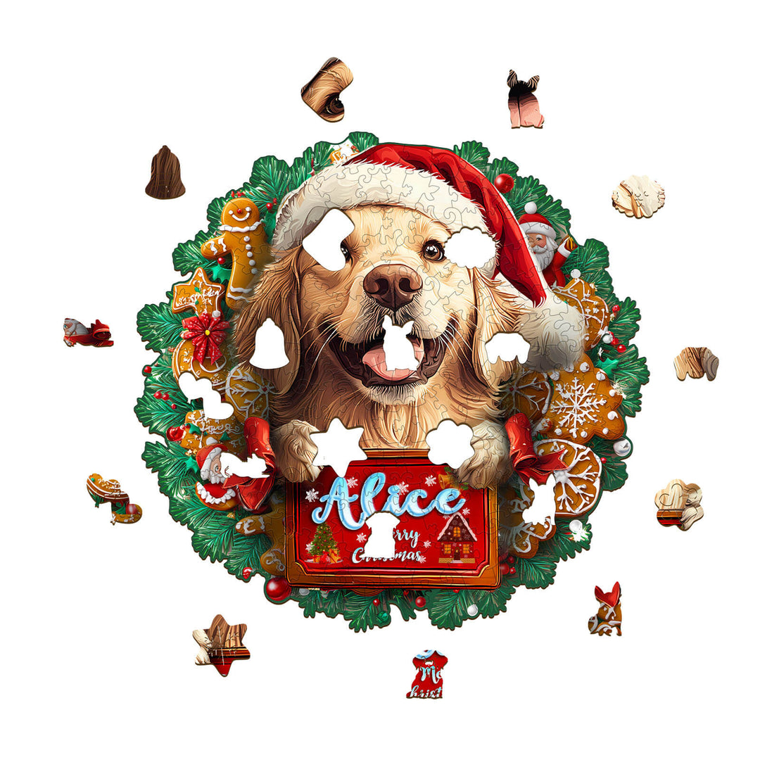 Christmas Golden Retriever Custom Name Wooden Jigsaw Puzzle