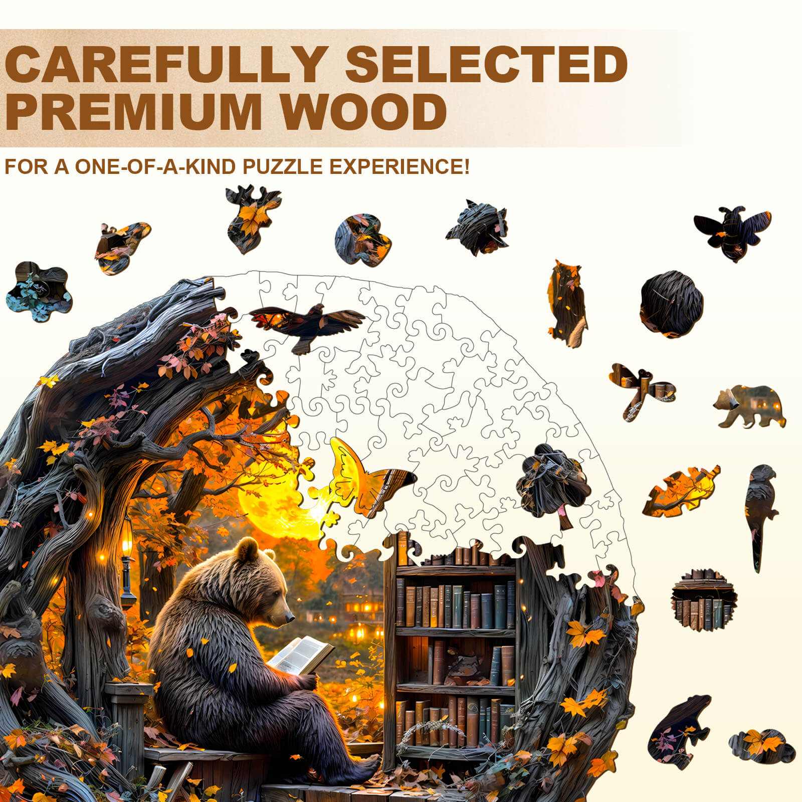 Reading bear wooden jigsaw puzzle featuring carefully selected premium wood for a unique puzzle-solving experience.
