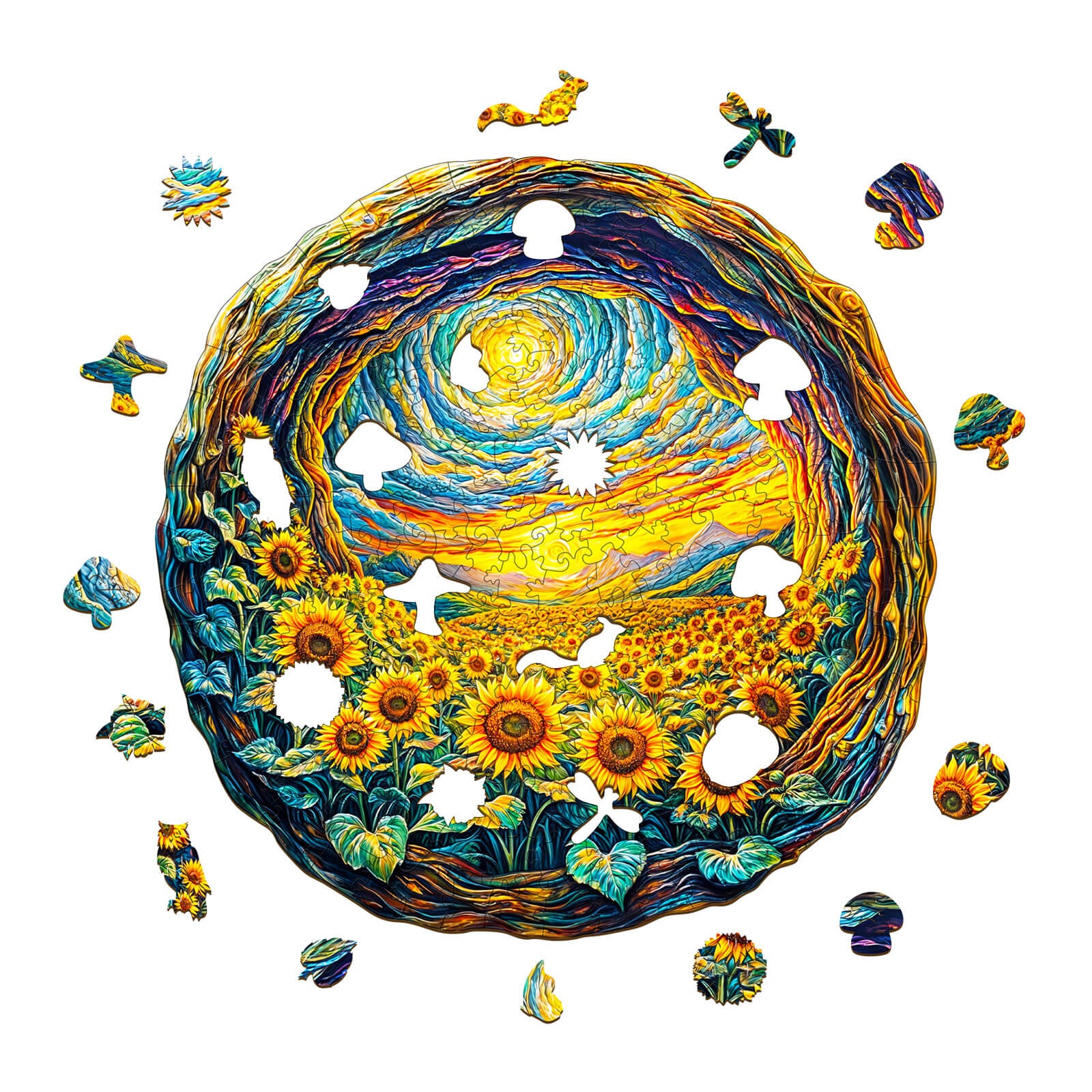 3D Sunlit Fields wooden jigsaw puzzle surrounded by colorful pieces, promoting focus and mental agility.