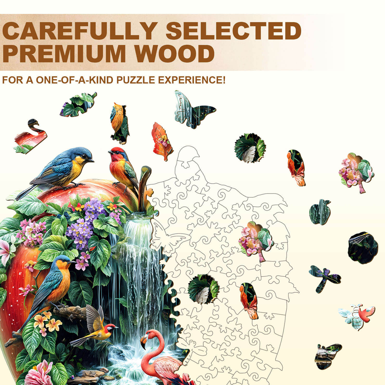 Colorful wooden jigsaw puzzle pieces featuring birds and flowers from the Paradise Garden design.
