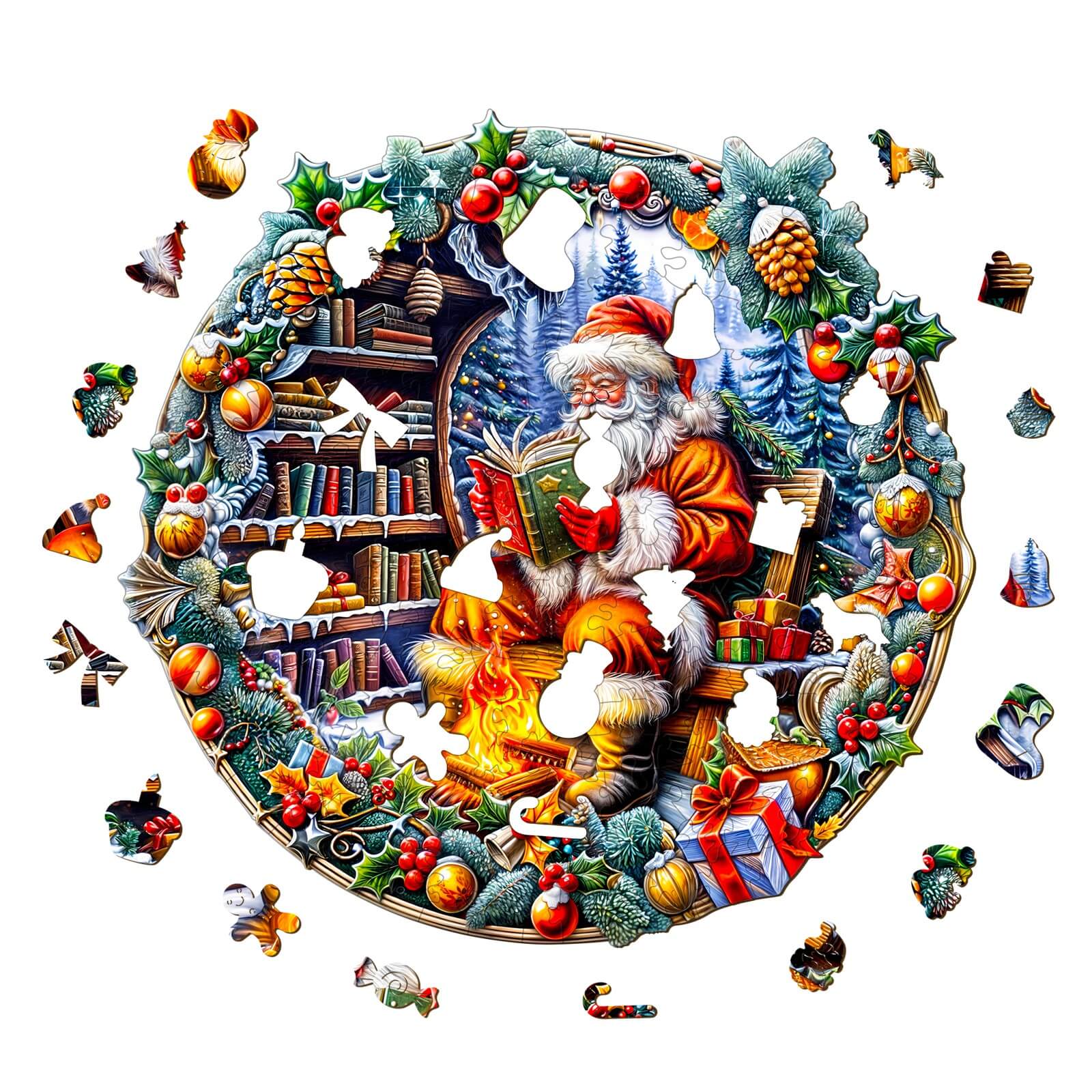 Santa's Rest Wooden Jigsaw Puzzle featuring Santa reading surrounded by festive elements and puzzle pieces.