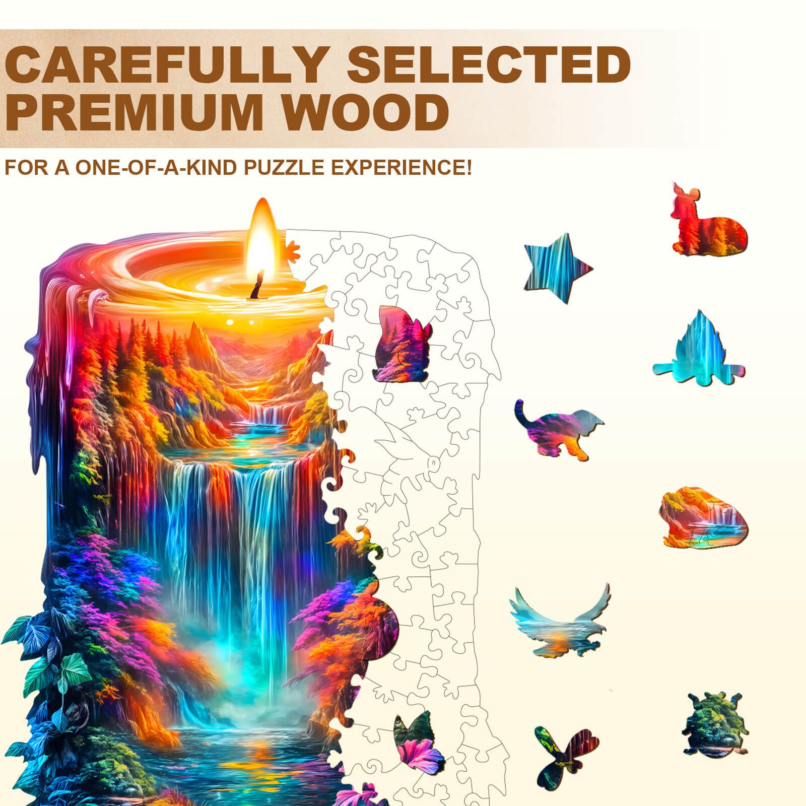 Enchanted Flame Wooden Jigsaw Puzzle featuring vibrant waterfall design and uniquely shaped wooden pieces.