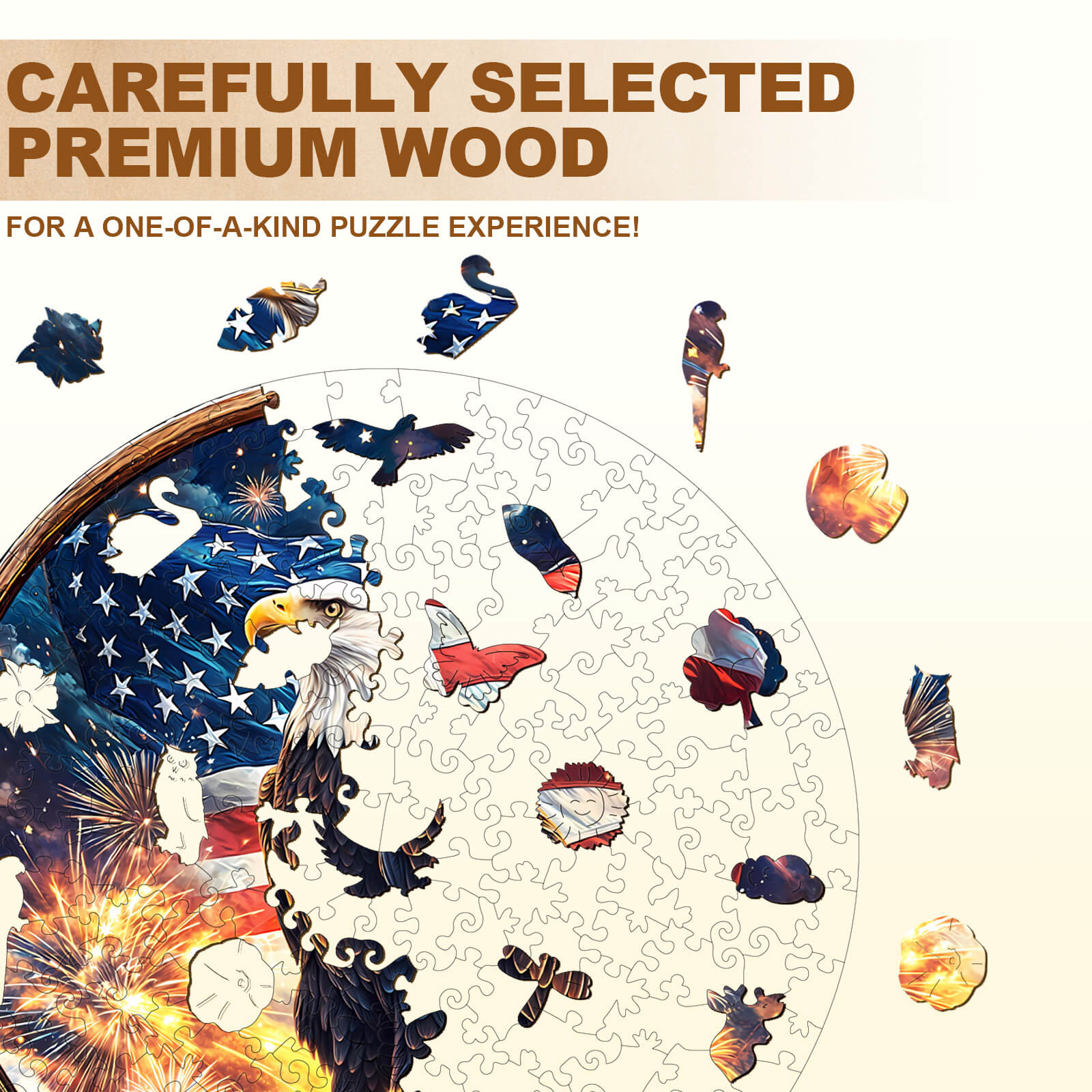 Premium wood jigsaw puzzle pieces featuring an eagle and flag design, highlighting a unique puzzle experience.