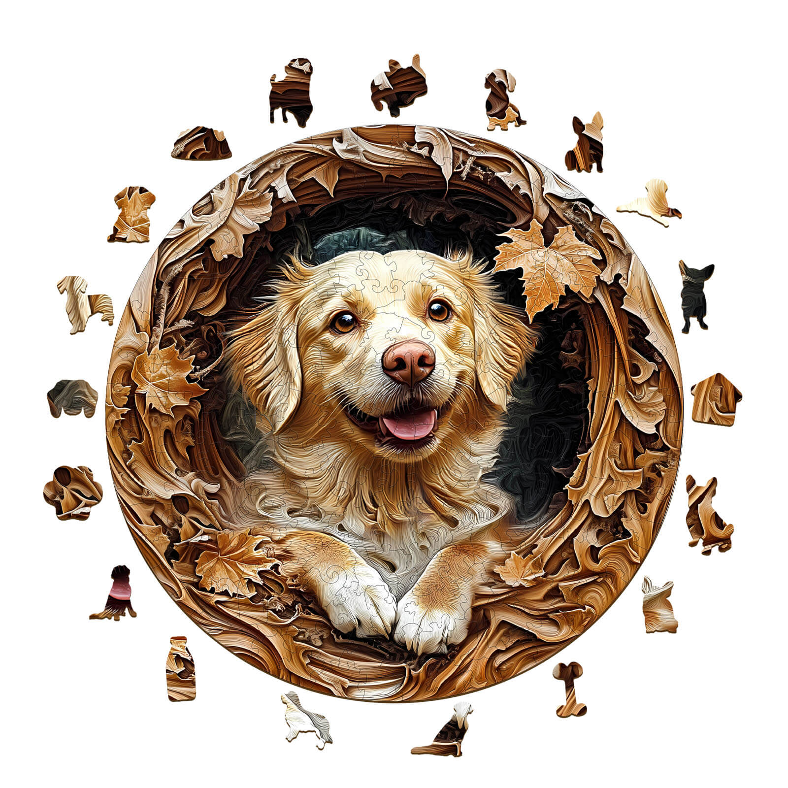 3D Golden Retriever-2 wooden jigsaw puzzle showcasing a cute dog amidst puzzle pieces, perfect for enhancing focus and brain skills.