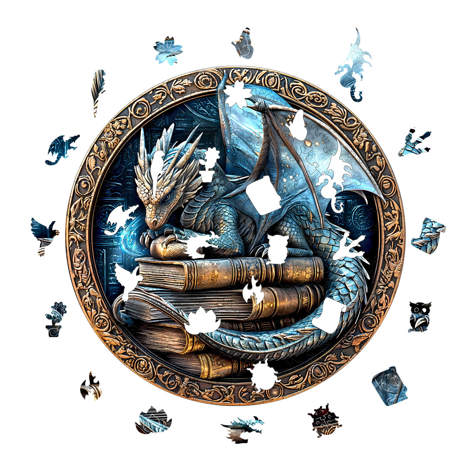 3D Ancient protector wooden jigsaw puzzle featuring a dragon surrounded by missing puzzle pieces, ideal for enhancing focus and skills.