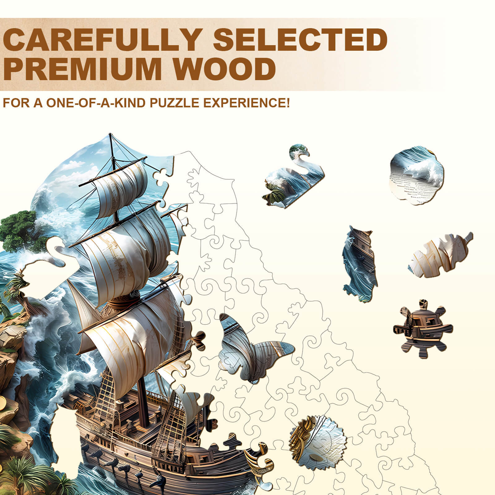 Sailing Adventure wooden jigsaw puzzle pieces made from premium wood for a unique puzzle experience.