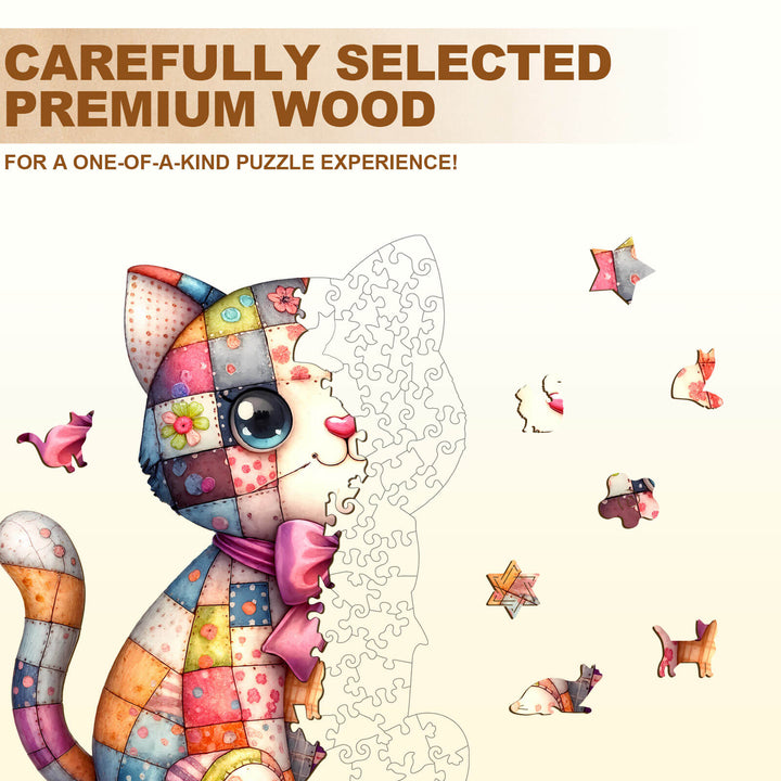 Cute Patchwork Cat Wooden Jigsaw Puzzle