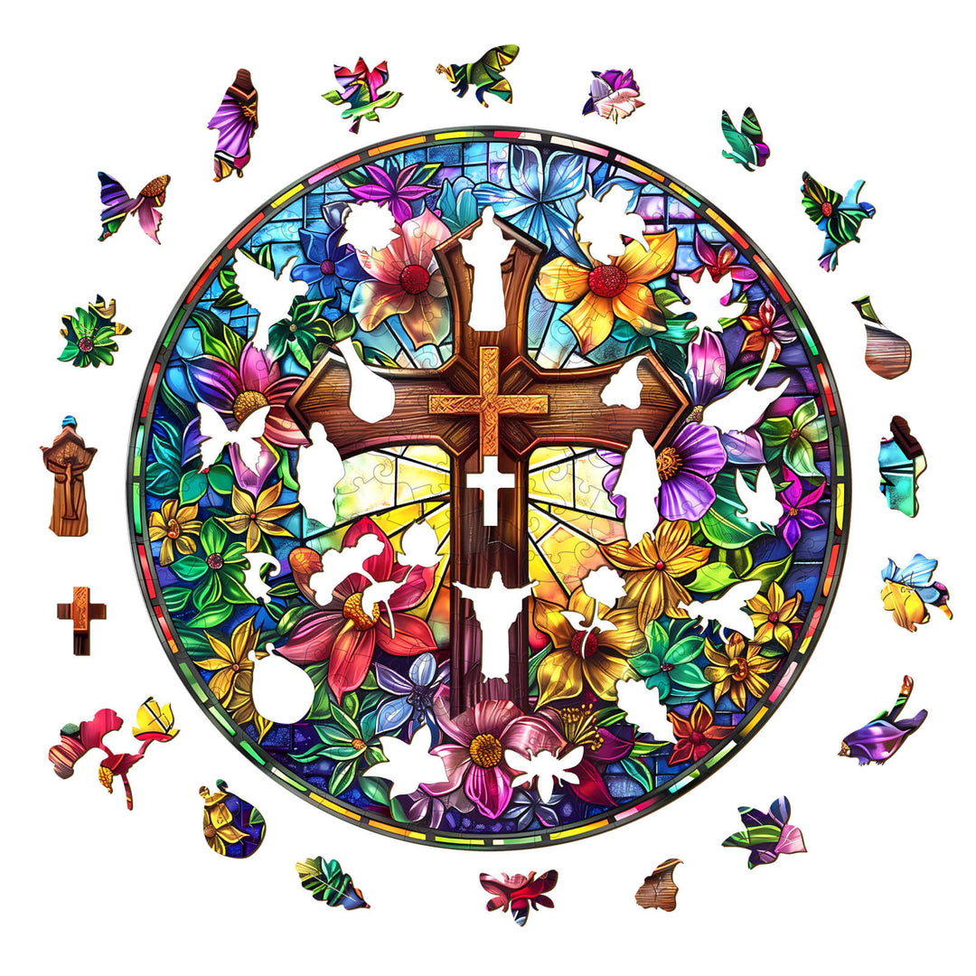 Stained Glass Cross Wooden Jigsaw Puzzle