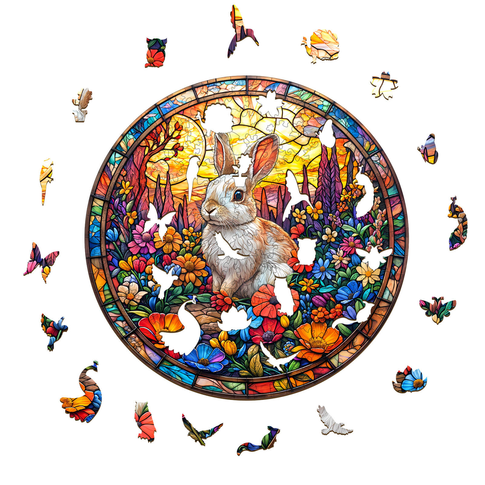 Colorful Flower Field Rabbit wooden jigsaw puzzle with missing pieces, enhancing focus and cognitive skills.
