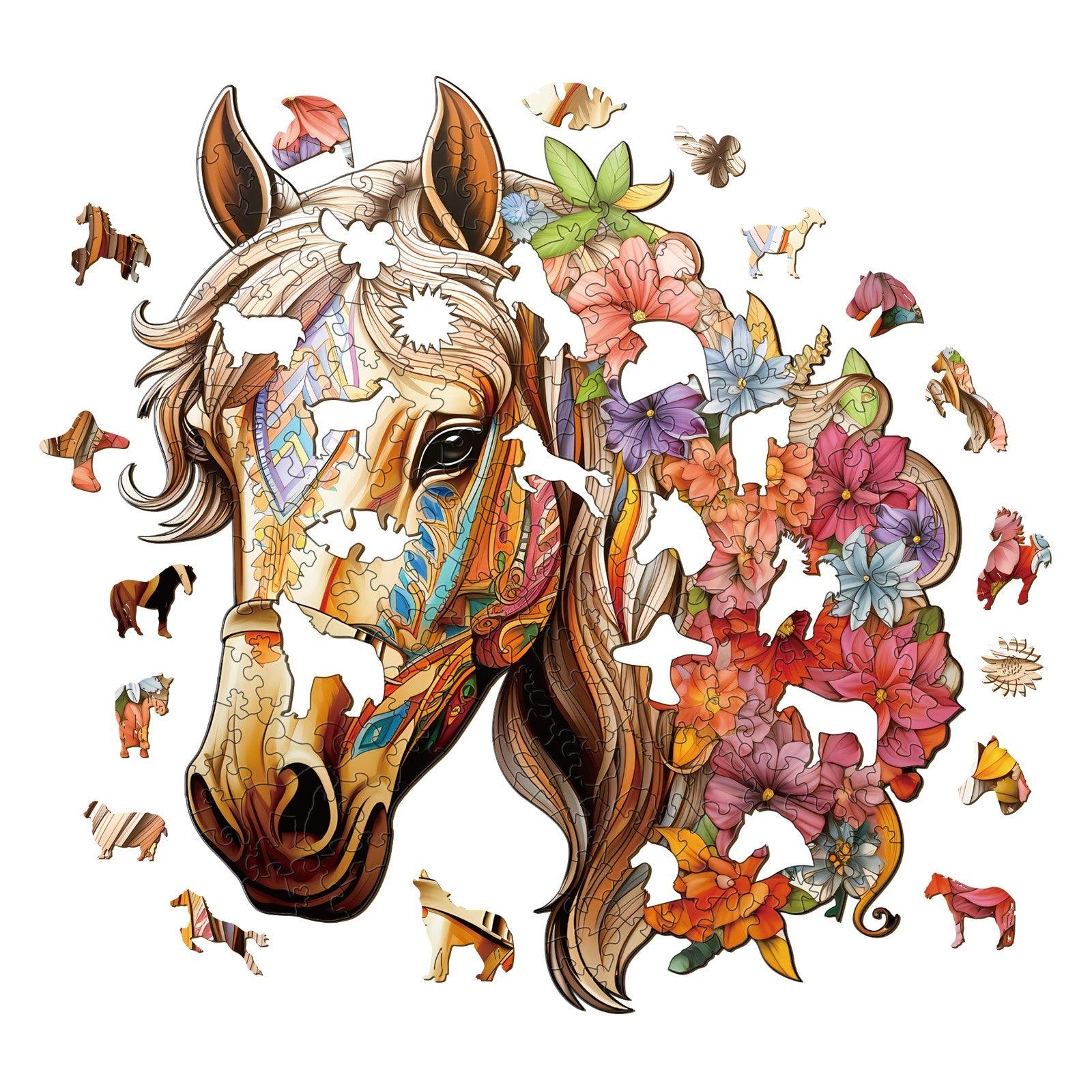 Gentle Horse Wooden Jigsaw Puzzle depicting a colorful horse with vibrant floral patterns and unique puzzle shapes.