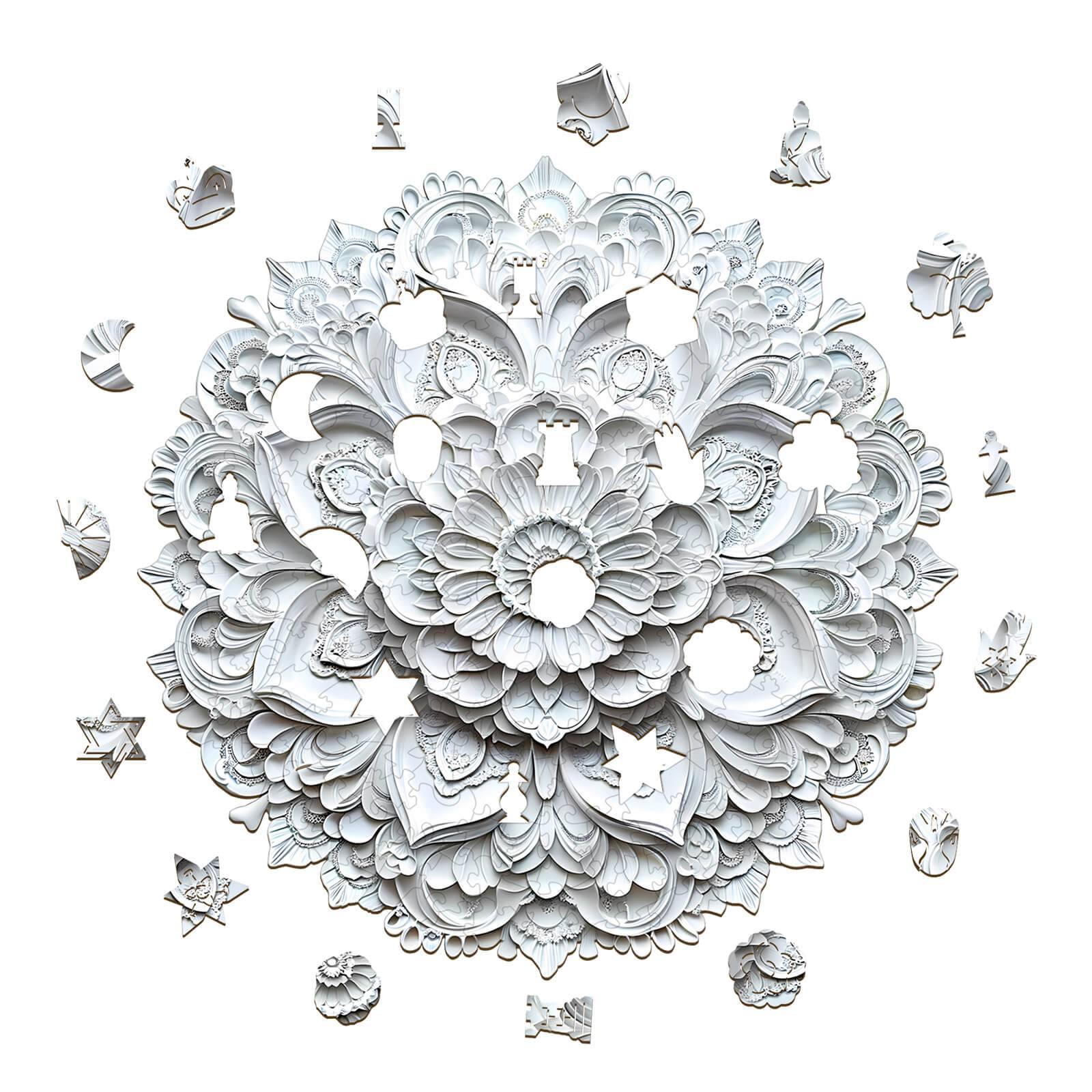 3D Paper Mandala-2 wooden jigsaw puzzle displaying intricate floral designs and unique puzzle pieces, perfect for mental focus.