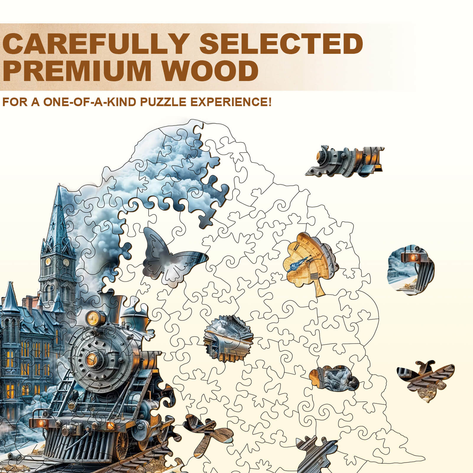 Chrono Train Wooden Jigsaw Puzzle features carefully selected premium wood for a unique puzzle experience.