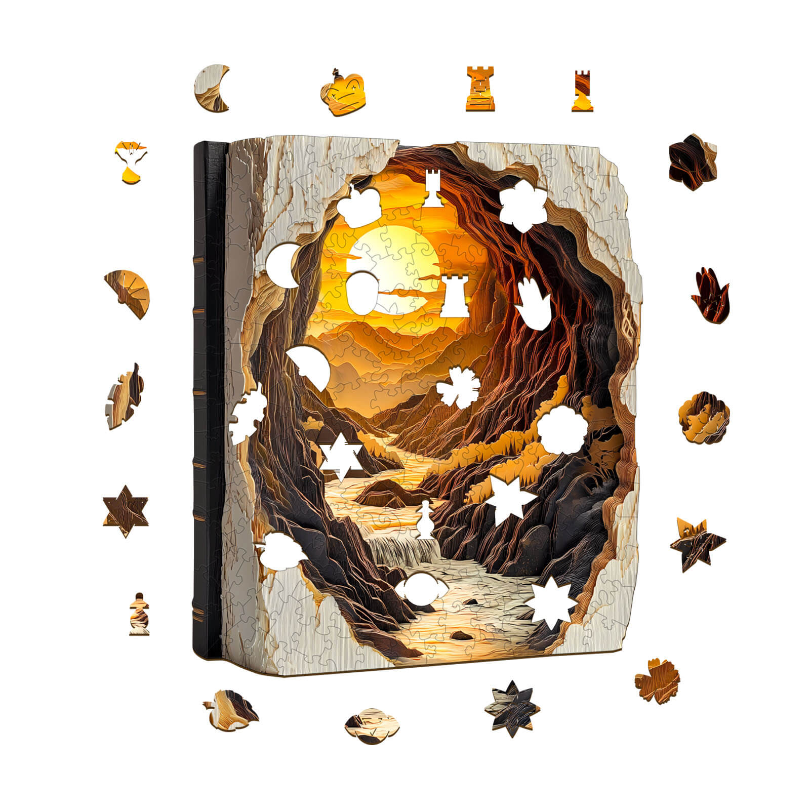 3D Sunset in a Book wooden jigsaw puzzle showcasing vibrant sunset and unique shapes for mind games and focus.