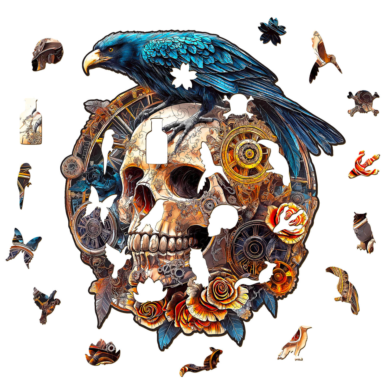 3D Mechanical Skull & Raven Wooden Jigsaw Puzzle with intricate designs, roses, and puzzle pieces scattered around.