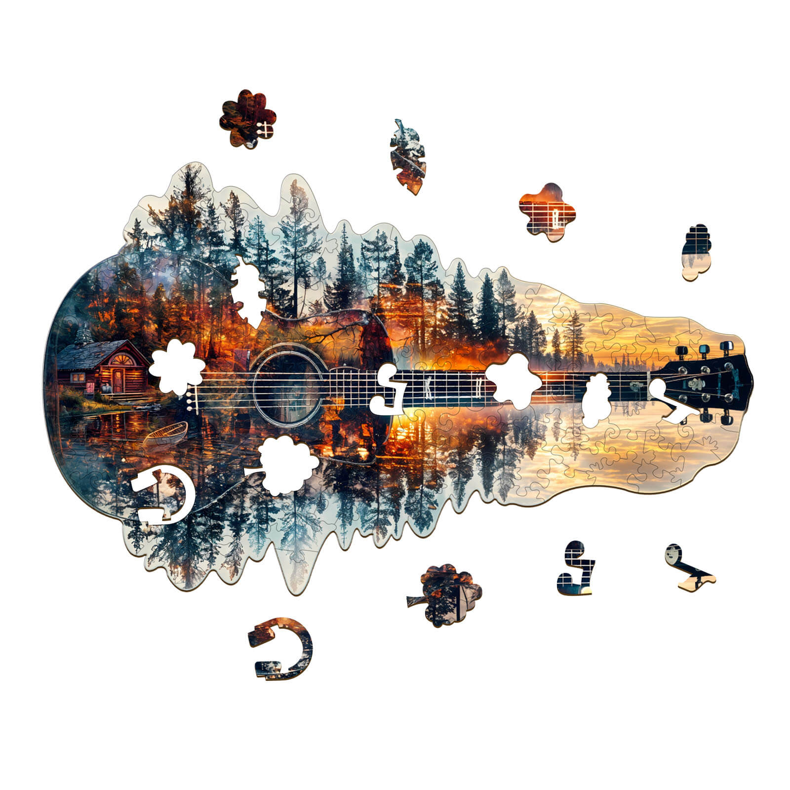 Colorful sunset guitar wooden jigsaw puzzle pieces with forest and cabin scene, perfect for mindfulness and focus.