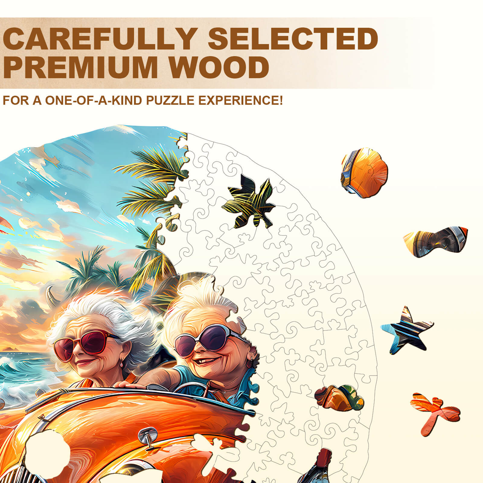 Happy grandma-2 wooden jigsaw puzzle featuring two smiling grandmas in a vintage car, emphasizing quality craftsmanship.
