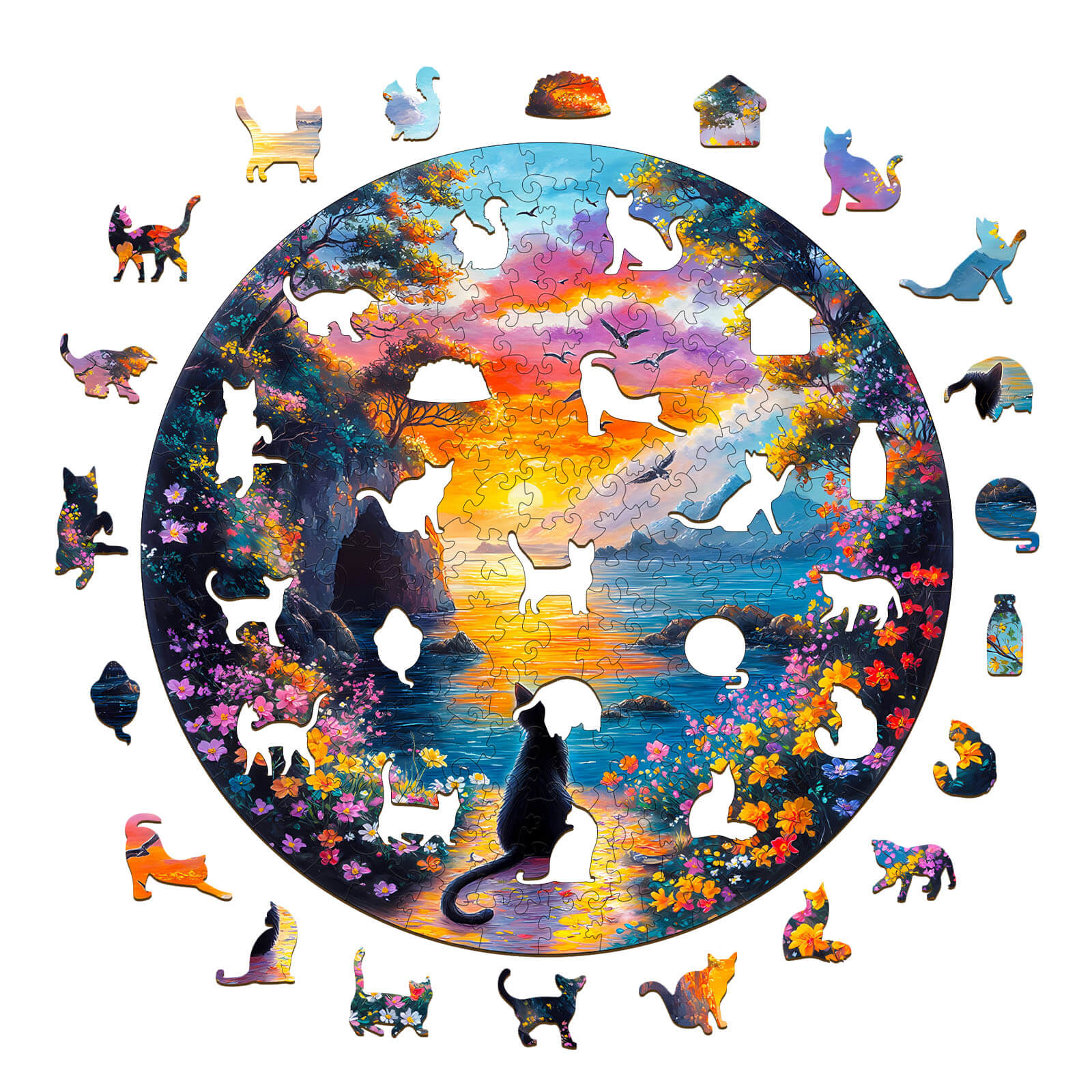Colorful Sunset Kitten wooden jigsaw puzzle featuring various cat shapes and vibrant sunset scenery.