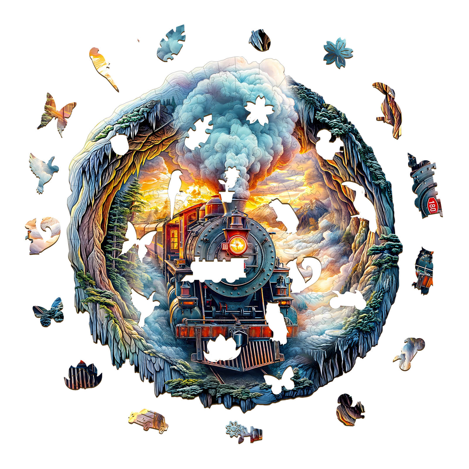 Colorful 3D Steam Train wooden jigsaw puzzle pieces surrounded by nature-themed shapes, designed for focus and brain exercises.