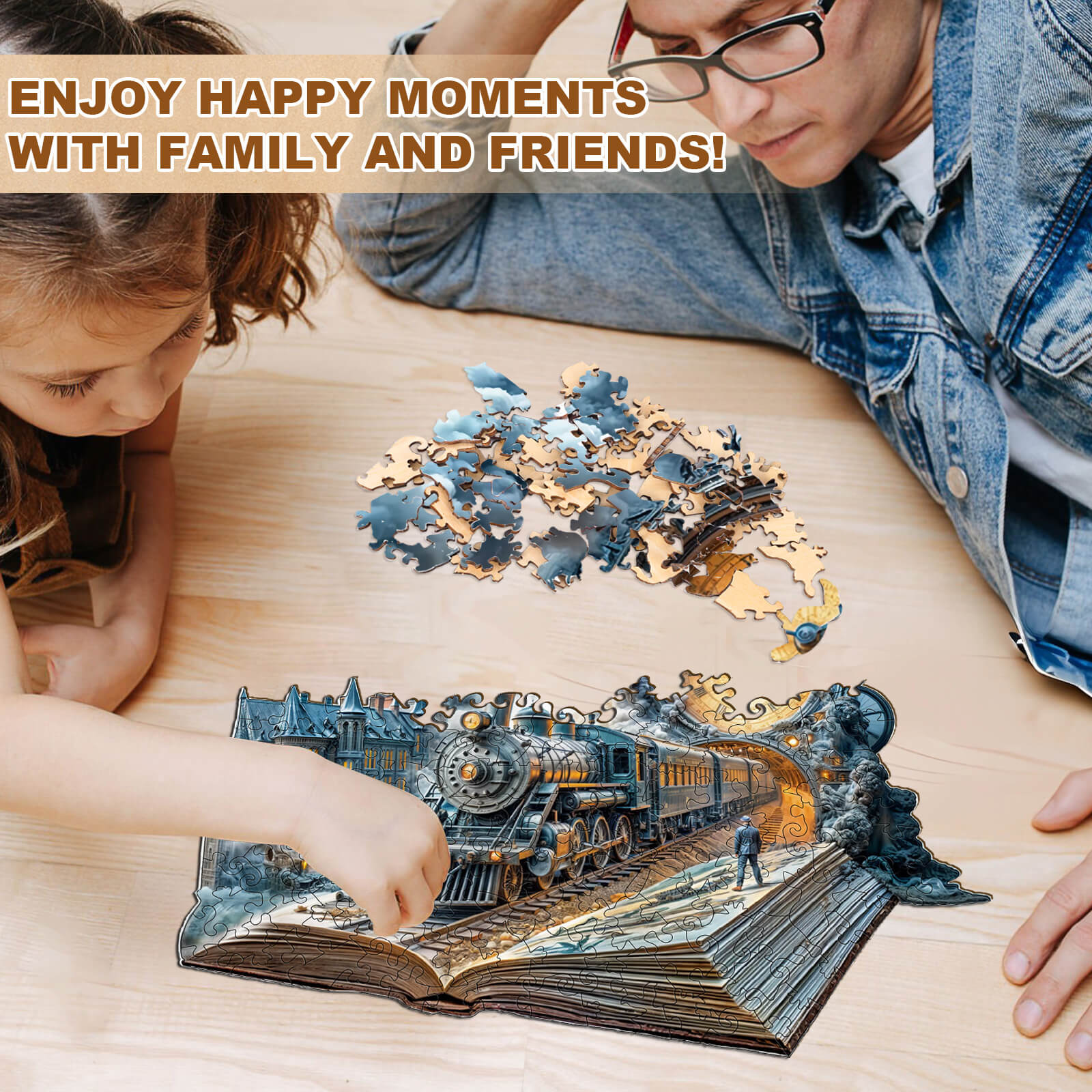 A father and daughter enjoying time together while assembling the Chrono Train wooden jigsaw puzzle.