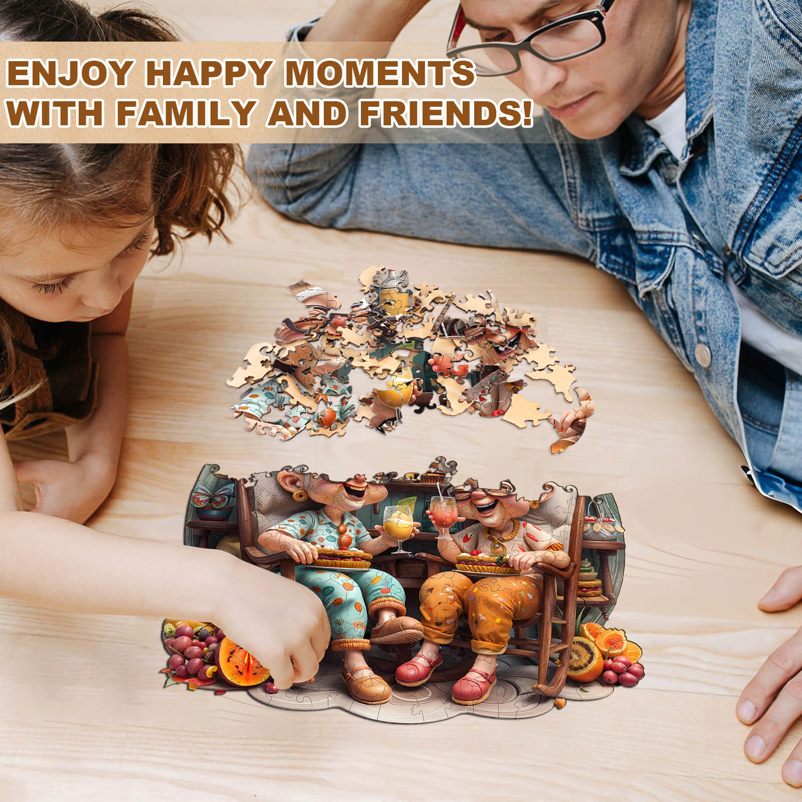 Child and adult solving Grandma's Party wooden jigsaw puzzle, enjoying quality time together.