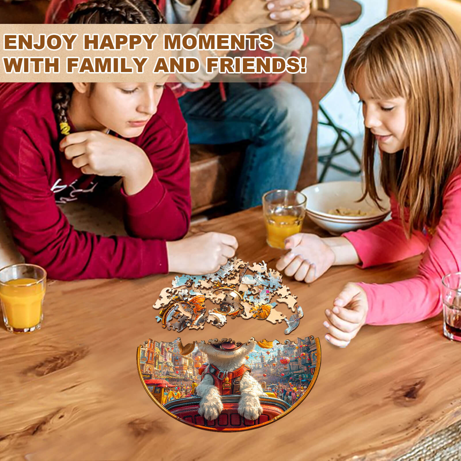 Two children enjoying family time while solving the Parade Navigator wooden jigsaw puzzle at a table.
