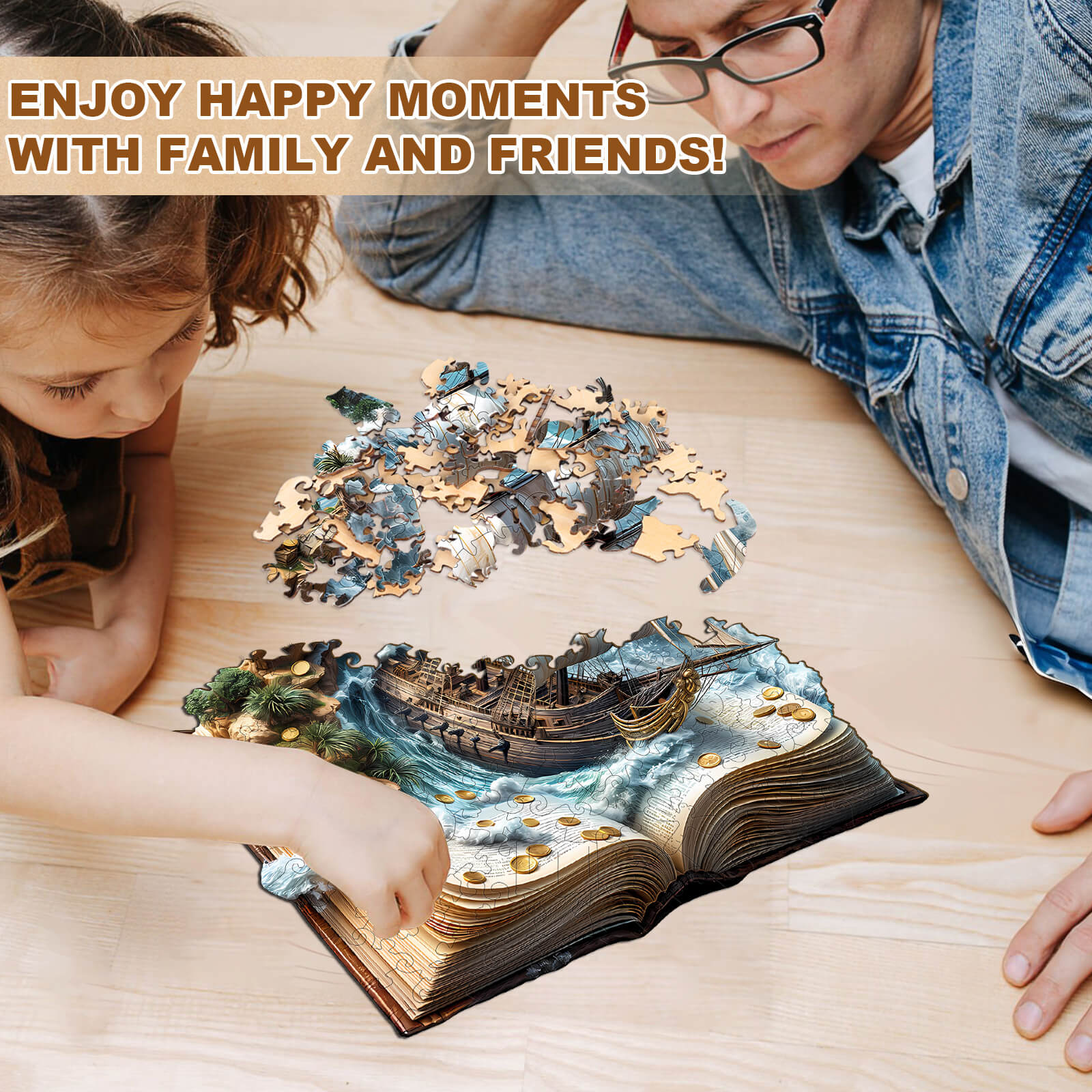 A child and adult enjoy solving a Sailing Adventure wooden jigsaw puzzle together, creating joyful family moments.