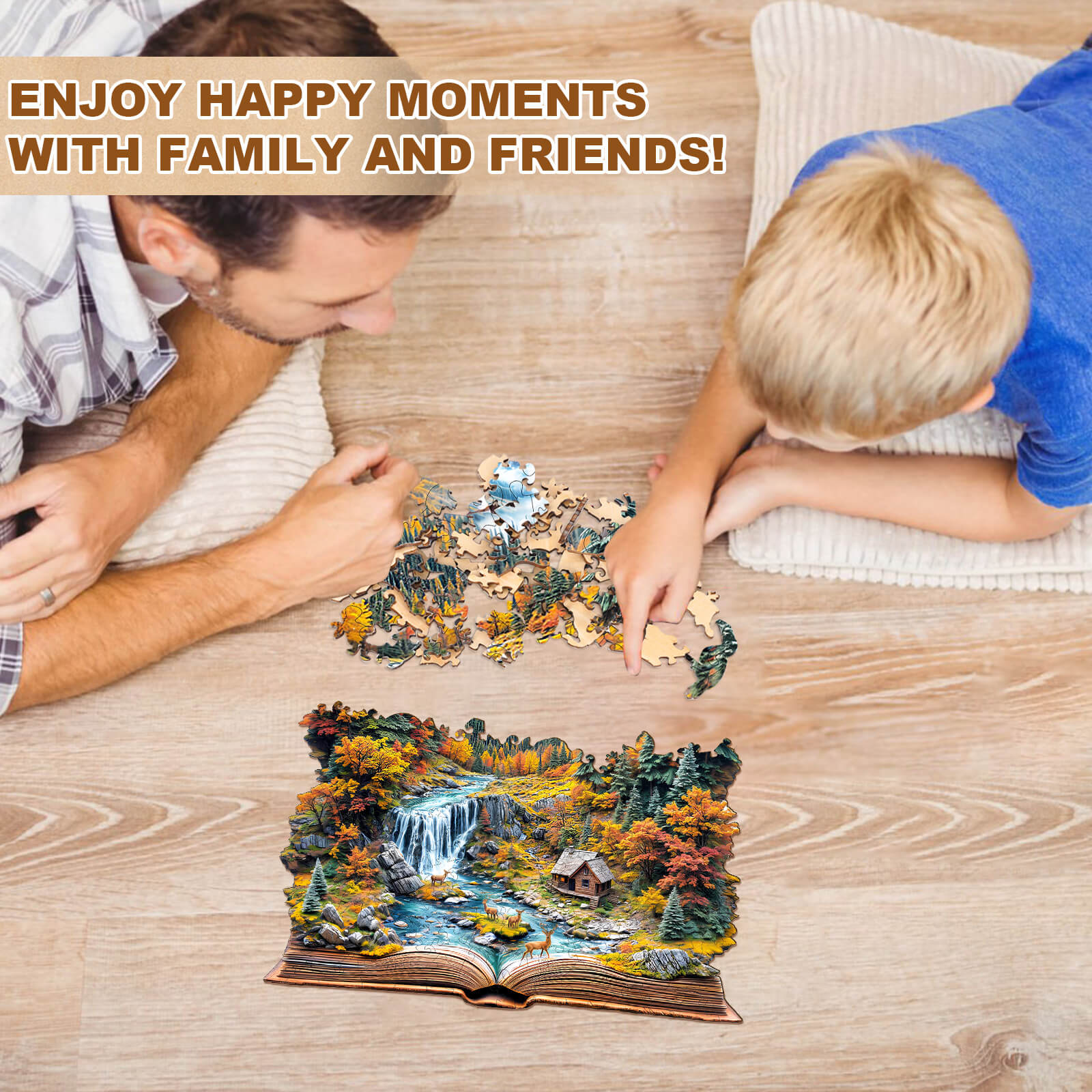 Father and son enjoying quality time together while assembling the Autumn Wonderland wooden jigsaw puzzle.
