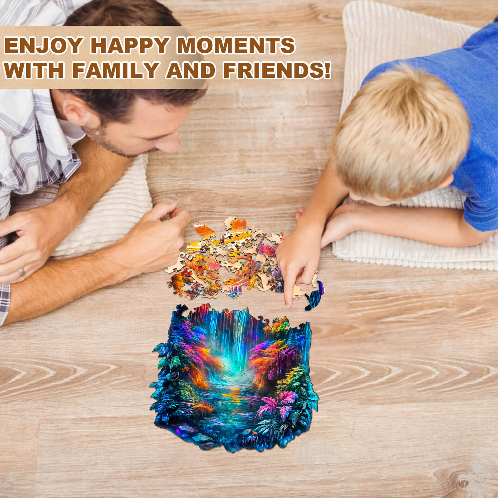Father and son enjoying quality time together while assembling the Enchanted Flame wooden jigsaw puzzle on a cozy floor.