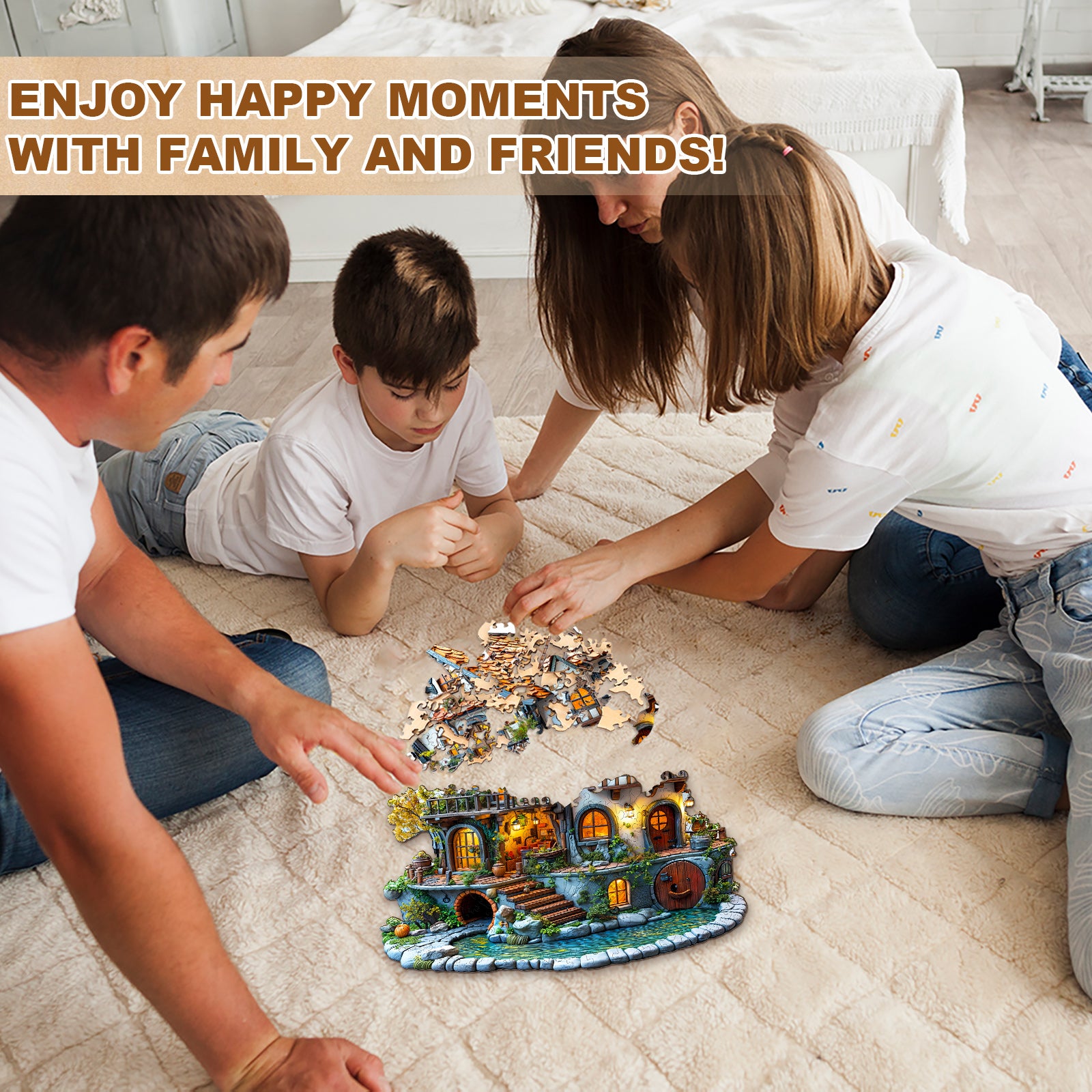 Family and friends enjoying the 3D Glow Cottage Wooden Jigsaw Puzzle on a cozy rug.