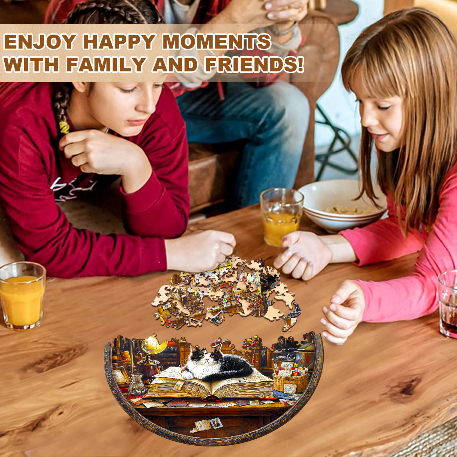 Two children enjoy solving the Whiskers Library-2 wooden jigsaw puzzle together at a table, sharing laughs.