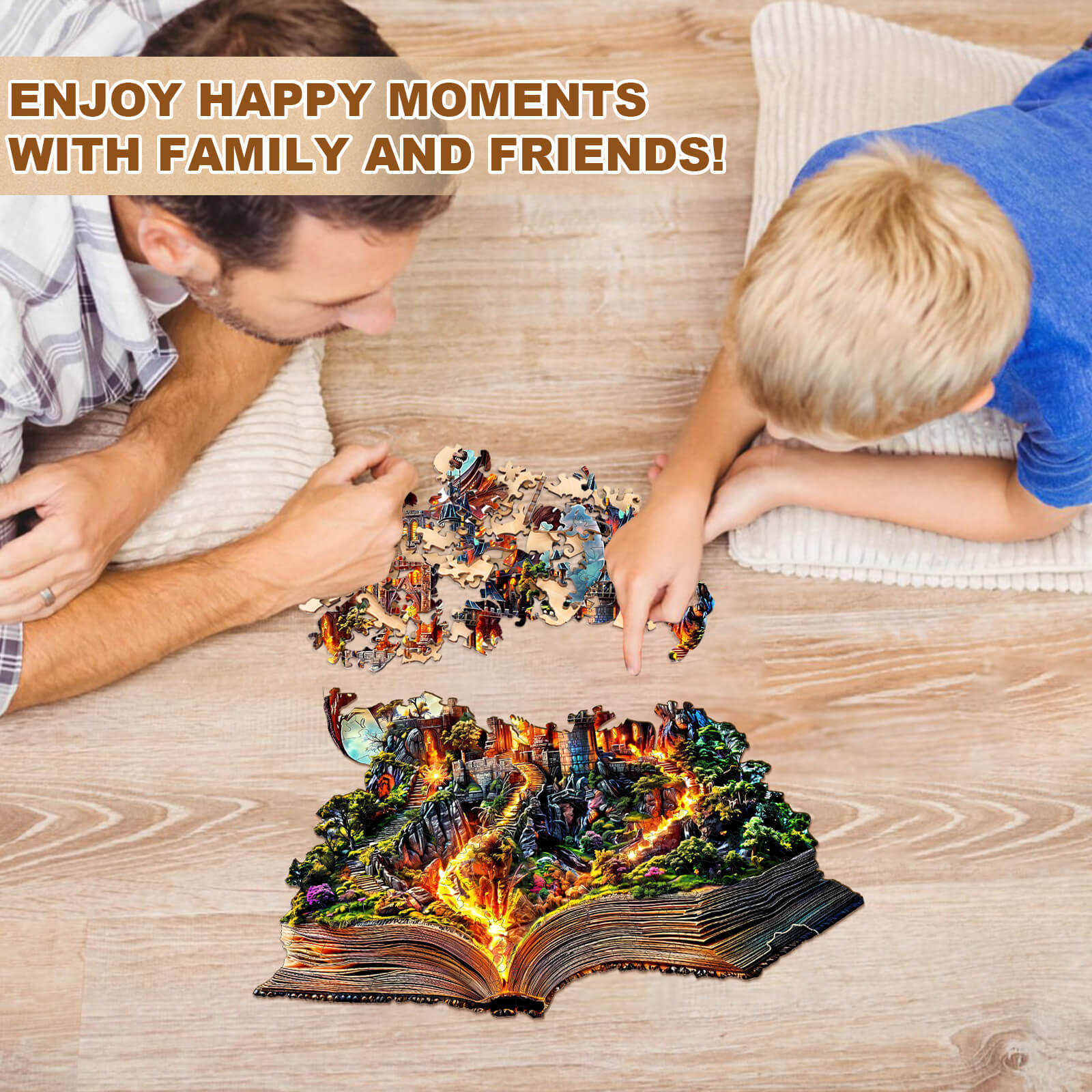 Father and son enjoying the Epic Tale wooden jigsaw puzzle together, creating happy moments with family.