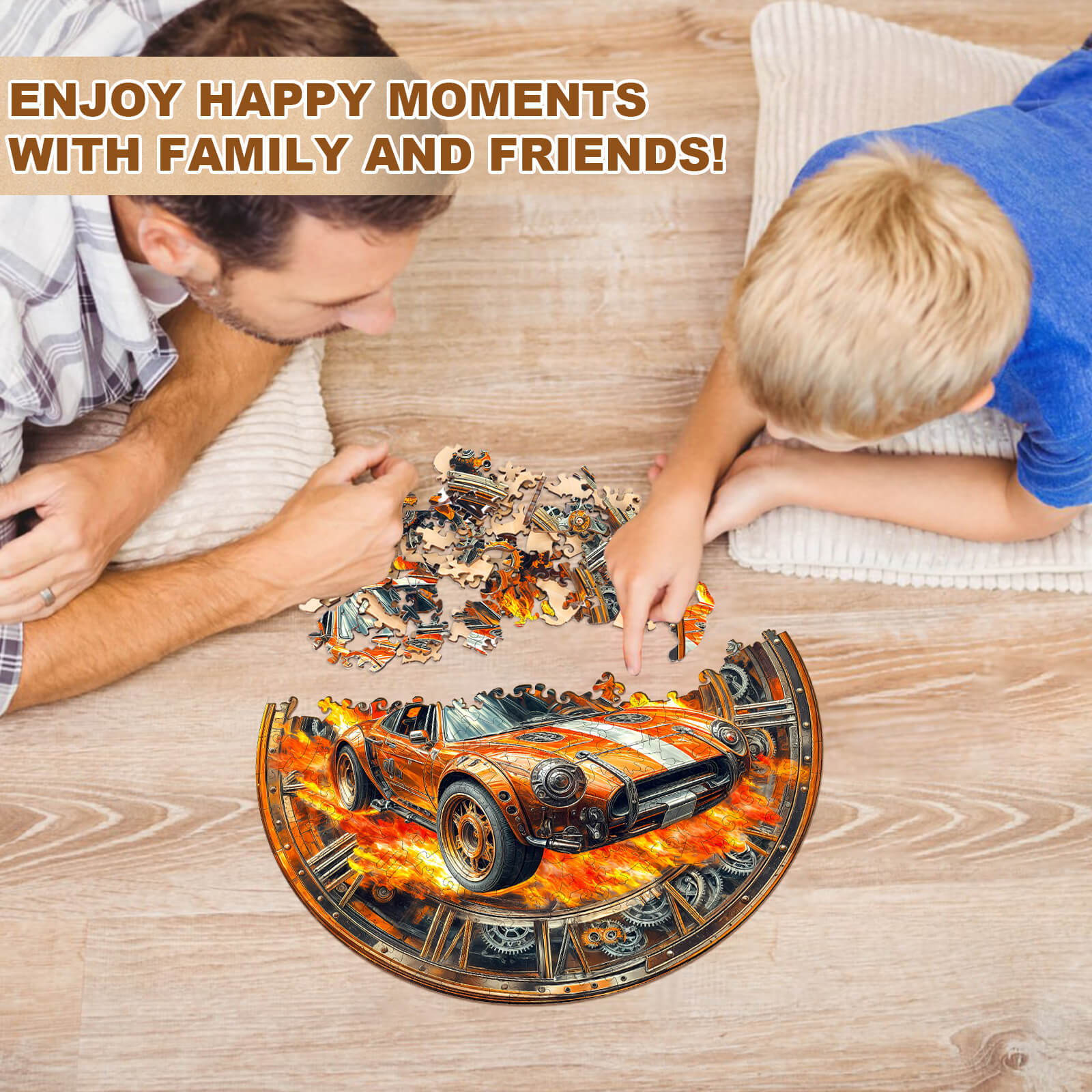 Father and son enjoying the Blazing Speed wooden jigsaw puzzle, bonding over a fun and focused activity.