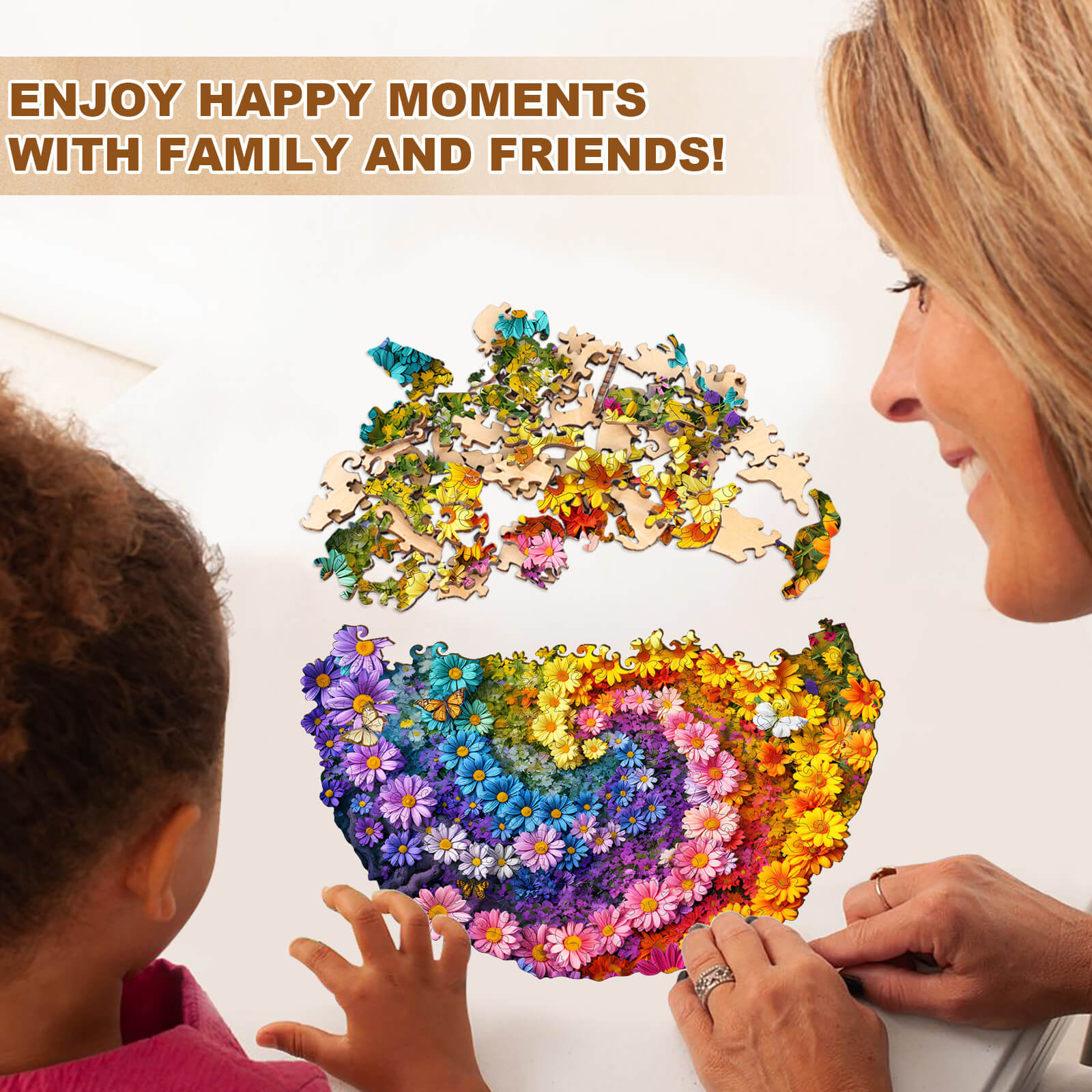 Enjoying happy moments with family solving the Sea of Flowers wooden jigsaw puzzle together.