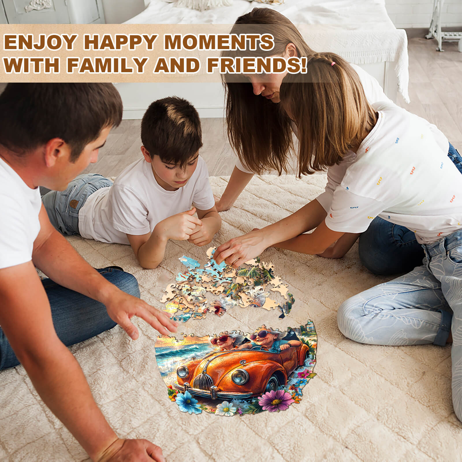Family enjoying time together while solving the Happy grandma-2 wooden jigsaw puzzle, creating joyful memories.