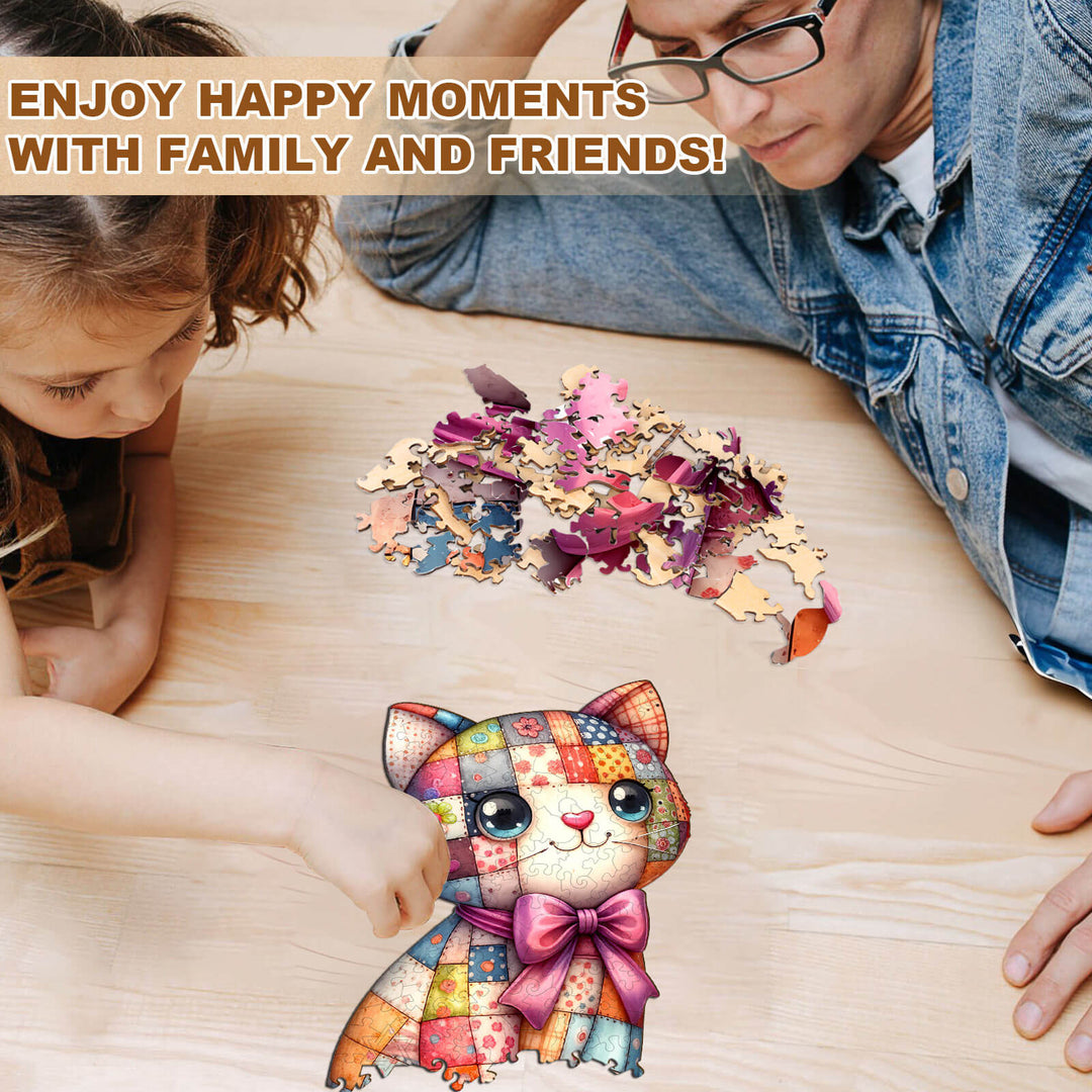 Cute Patchwork Cat Wooden Jigsaw Puzzle
