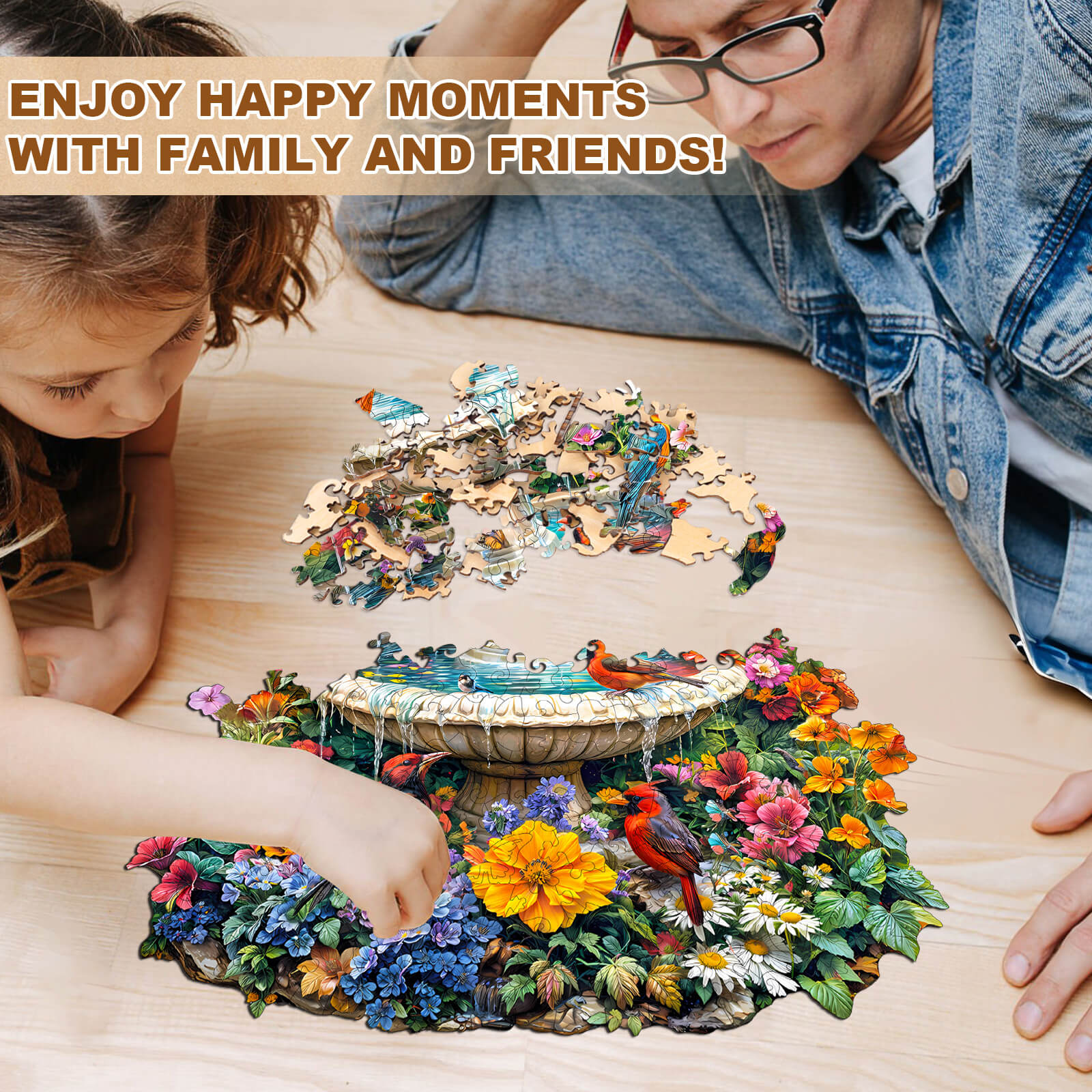 Family and child enjoying the Garden Melody wooden jigsaw puzzle together, fostering joyful moments and focus.