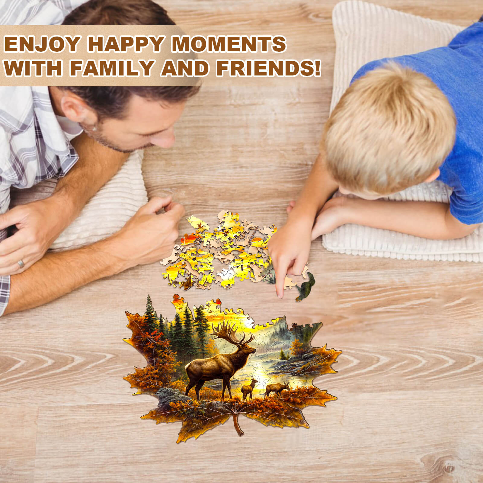 Elk and maple leaves Wooden Jigsaw Puzzle