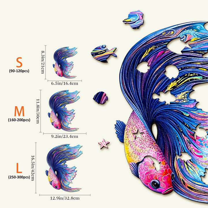 Half Moon Betta Wooden Jigsaw Puzzle with unique shapes and vibrant colors, shown in various sizes for kids and adults.