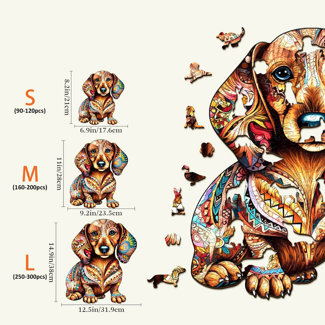 Dachshund-3 Wooden Jigsaw Puzzle with unique-shaped pieces, vibrant colors, and four size options for kids and adults.