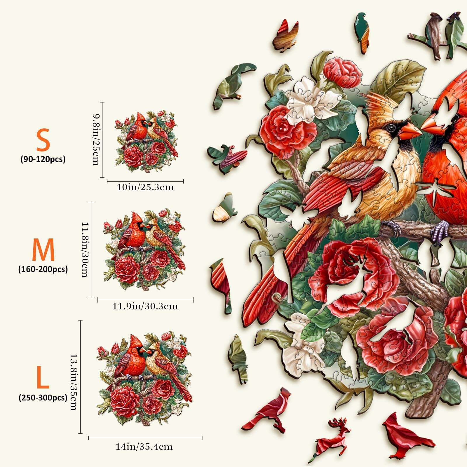 Beautiful Cardinal Wooden Jigsaw Puzzle showcasing unique pieces and vibrant art in different sizes.