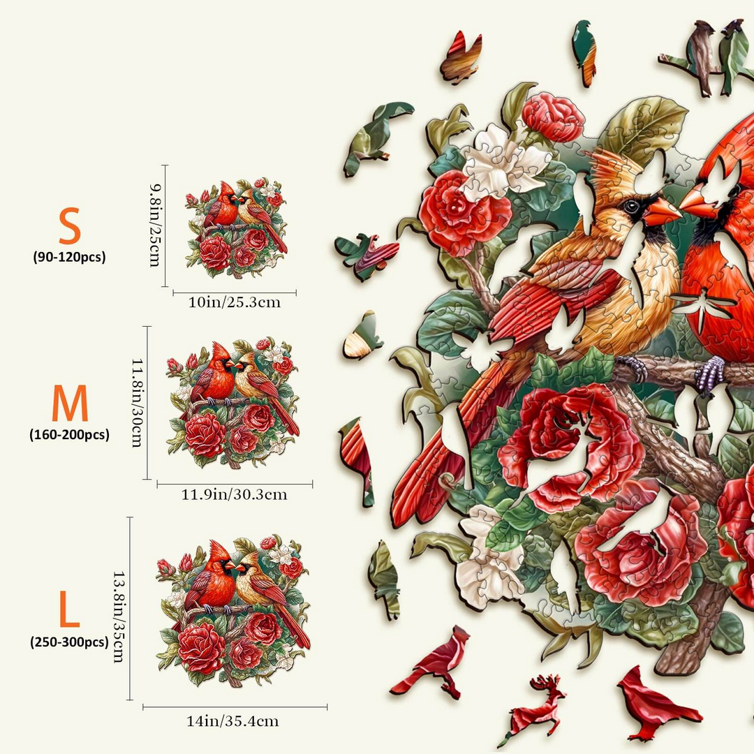 Beautiful Cardinal Wooden Jigsaw Puzzle showcasing unique pieces and vibrant art in different sizes.