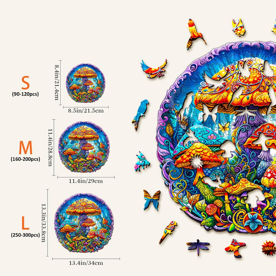 Colorful Magical Mushrooms Wooden Jigsaw Puzzle size options: Kids, S, M, L for mind games and focus enhancement.