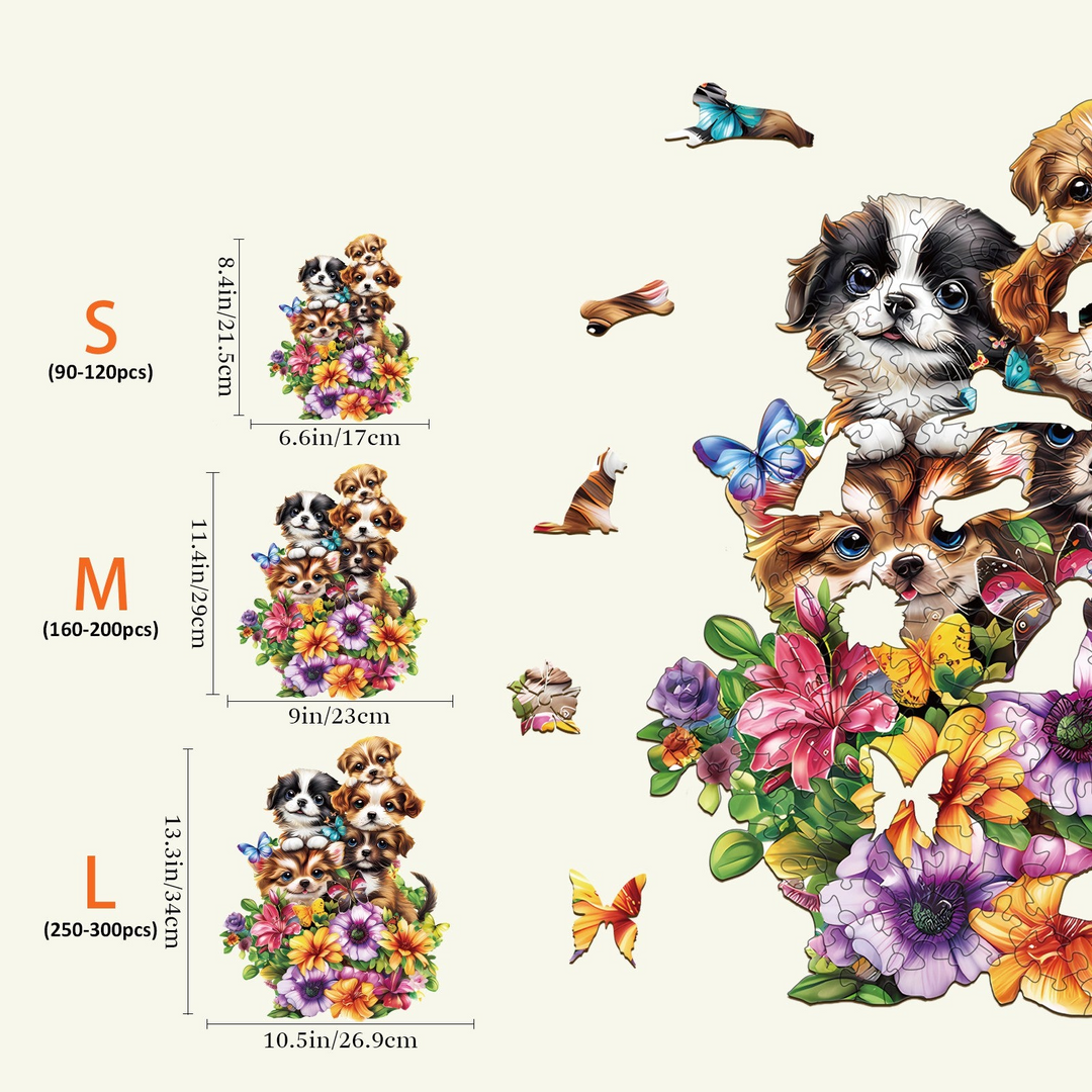 Cute Dogs Wooden Jigsaw Puzzle size chart showing dimensions for Kids, S, M, and L puzzles with colorful flower designs.