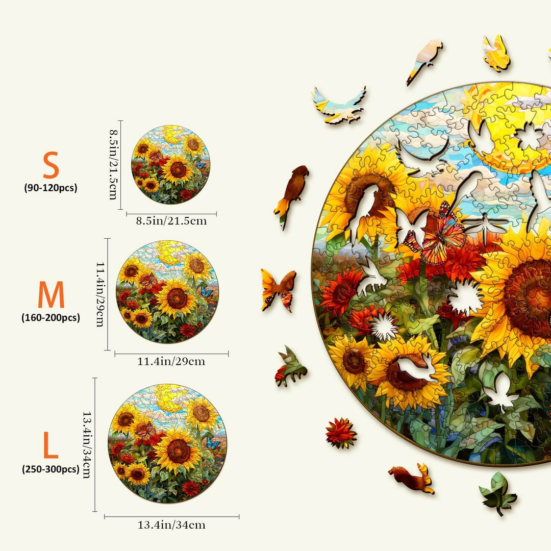 Sunflower Sonata Wooden Jigsaw Puzzle sizes and dimensions chart for kids and adults, featuring vibrant sunflower imagery.