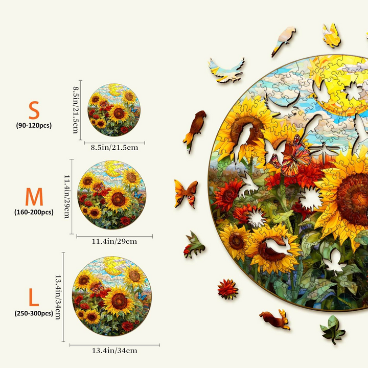 Sunflower Sonata Wooden Jigsaw Puzzle sizes and dimensions chart for kids and adults, featuring vibrant sunflower imagery.