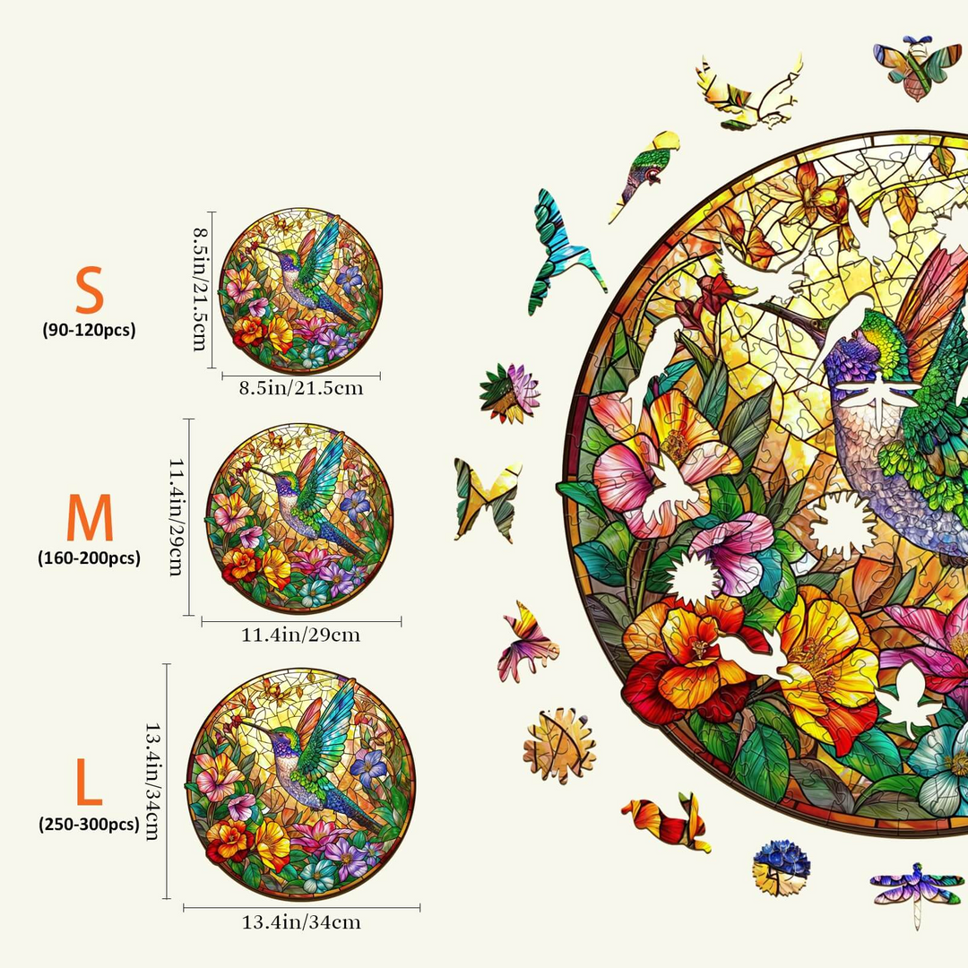 Colorful stained glass hummingbird jigsaw puzzle sizes: Kids, S, M, L with vibrant floral designs and butterflies.
