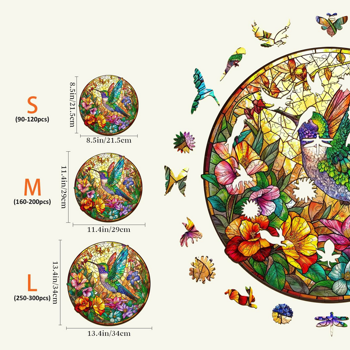 Colorful stained glass hummingbird jigsaw puzzle sizes: Kids, S, M, L with vibrant floral designs and butterflies.