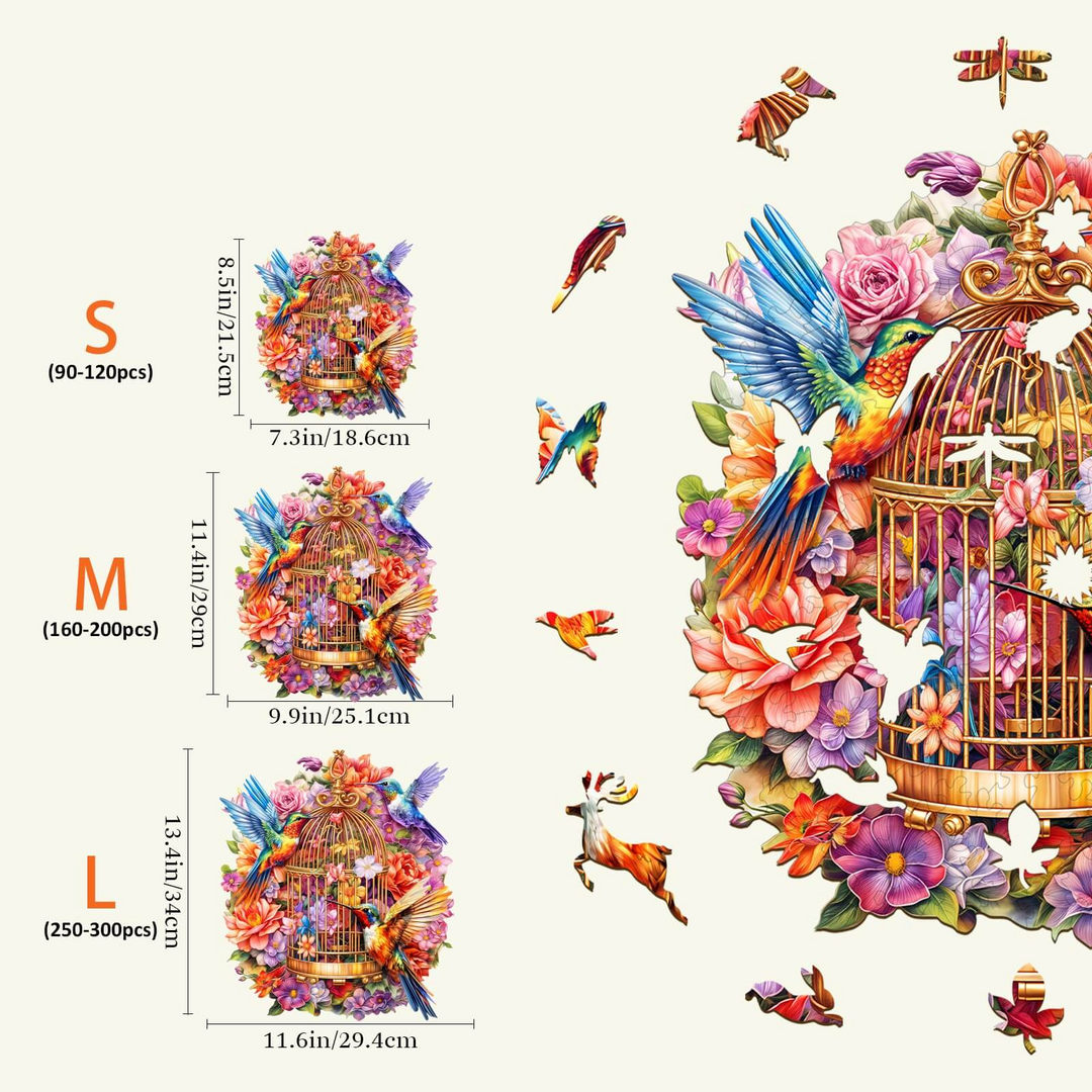 Garden Symphony Wooden Jigsaw Puzzle sizes and dimensions for kids and adults, featuring vibrant colors and floral designs.