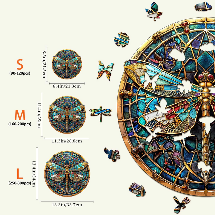 Size options for Vintage Dragonfly Wooden Jigsaw Puzzle, including Kids, S, M, and L, showcasing each dimension and piece count.